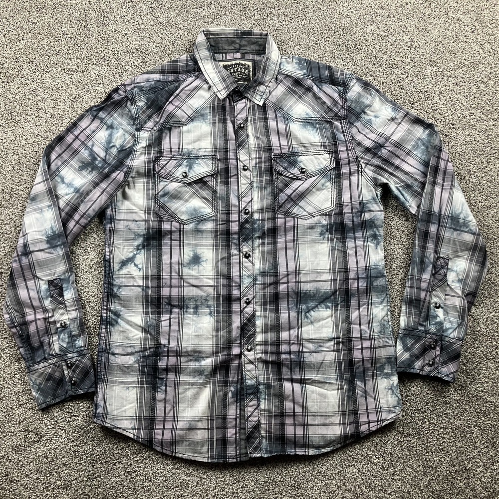 BKE Shirt Mens Medium Plaid Western Pearl Snap Vintage Acid Washed Tie Dye Rodeo
